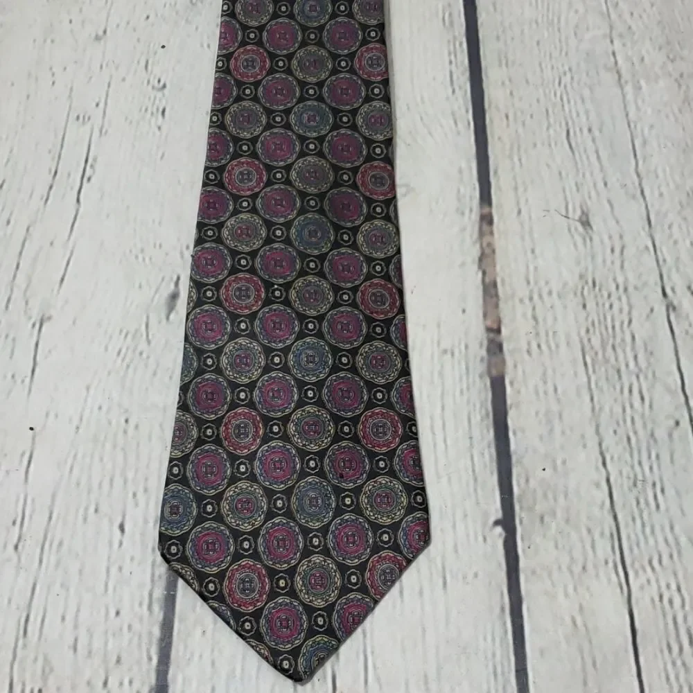 Vintage Italian Silk Black Purple Eclectic Medallion Print Tie